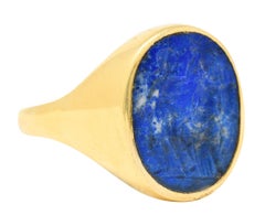 Bague sigillaire italienne vintage unisexe en or jaune 18 carats et lapis-lazuli, taille intaille