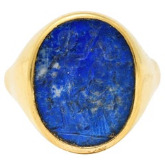 Vintage Italian Lapis Lazuli 18 Karat Yellow Gold Unisex Intaglio Signet Ring