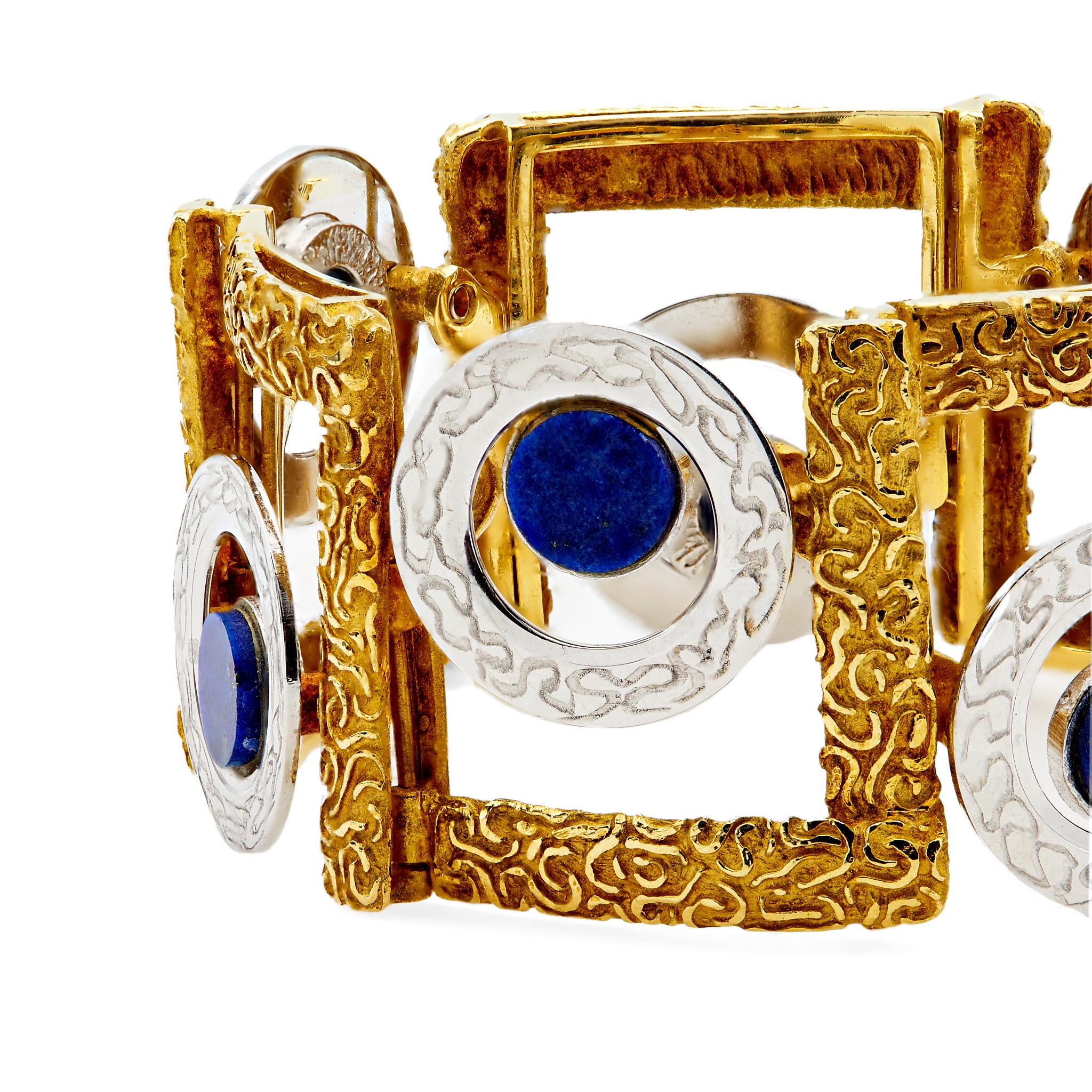 Vintage Italian Lapis Lazuli 18k Gold Two Tone Bracelet In Good Condition For Sale In Beverly Hills, CA