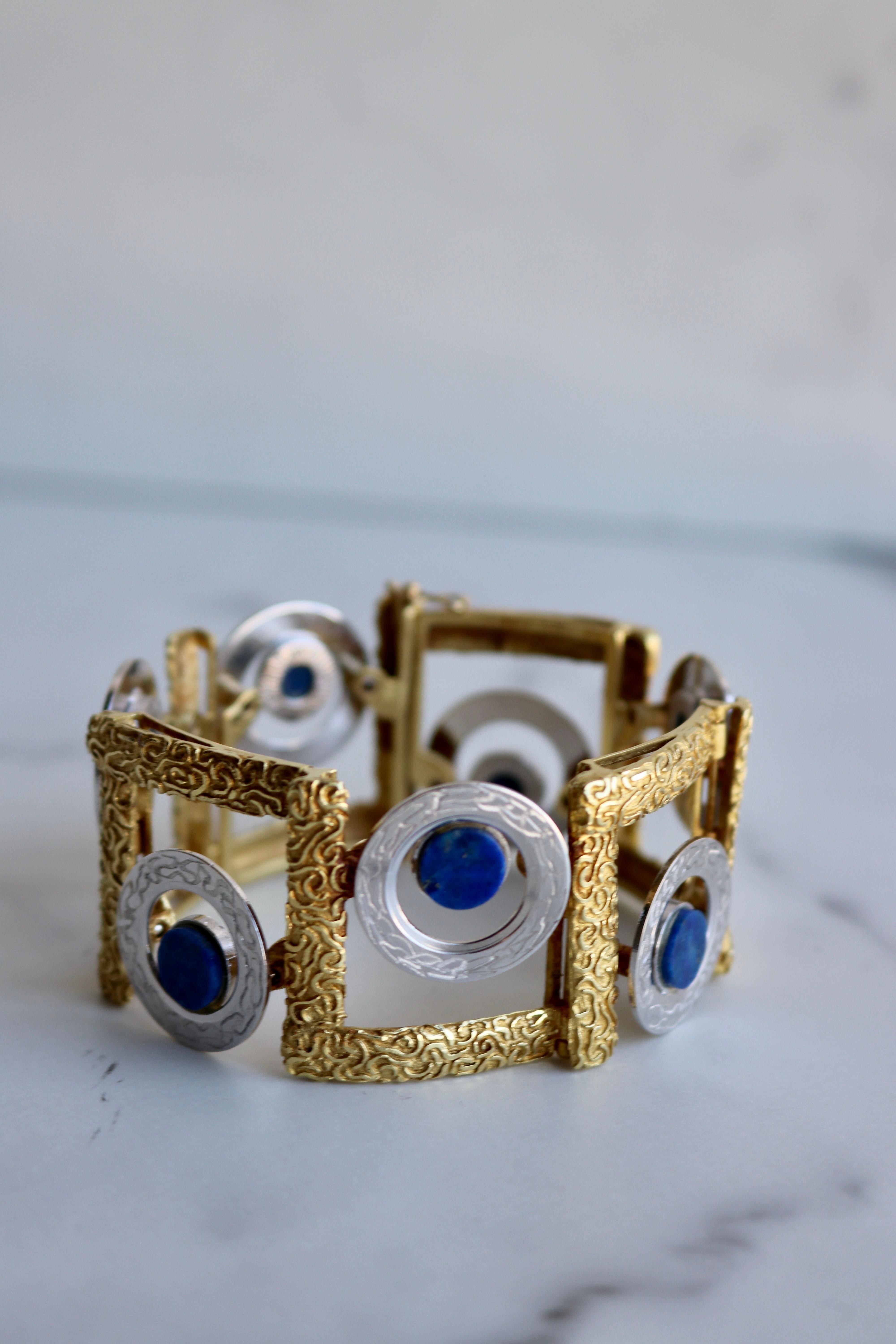 Women's or Men's Vintage Italian Lapis Lazuli 18k Gold Two Tone Bracelet For Sale