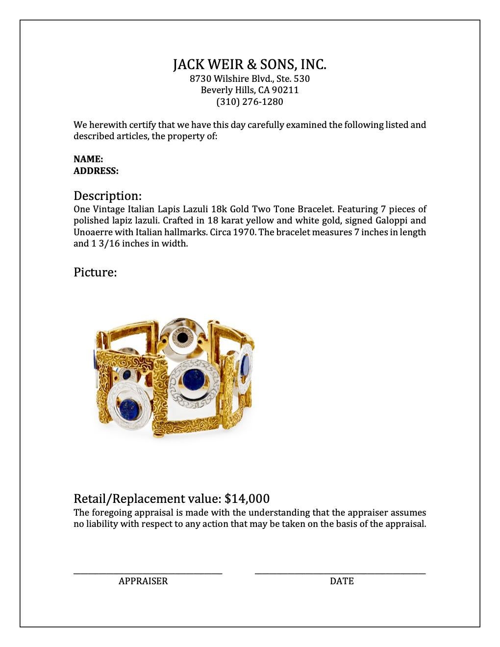 Bracelet italien vintage bicolore en or 18 carats et lapis-lazuli en vente 1