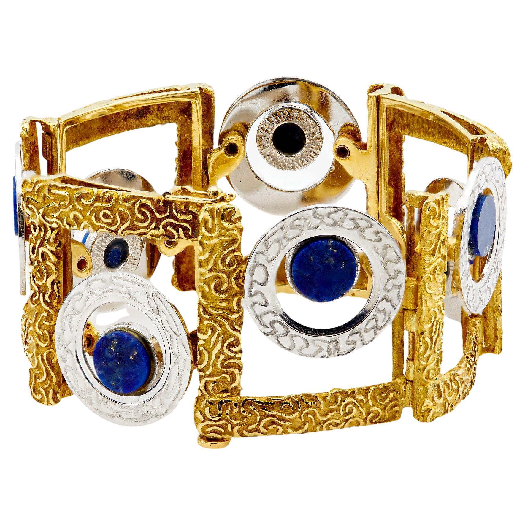 Bracelet italien vintage bicolore en or 18 carats et lapis-lazuli en vente