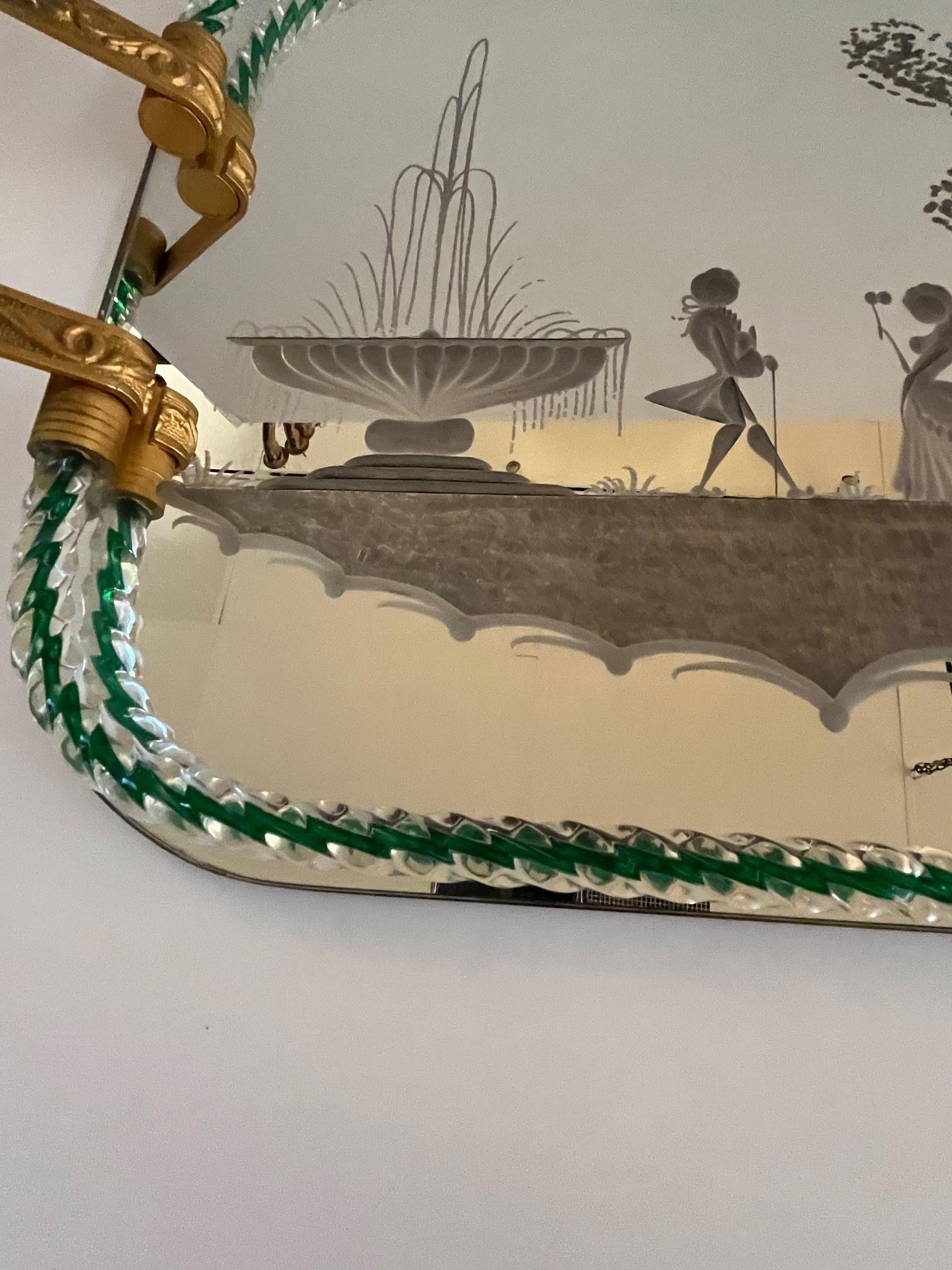 Vintage Große italienische geätzte gespiegelt Messing Guss Griffe Grün Seil Detail Tablett zugeschrieben Venini
