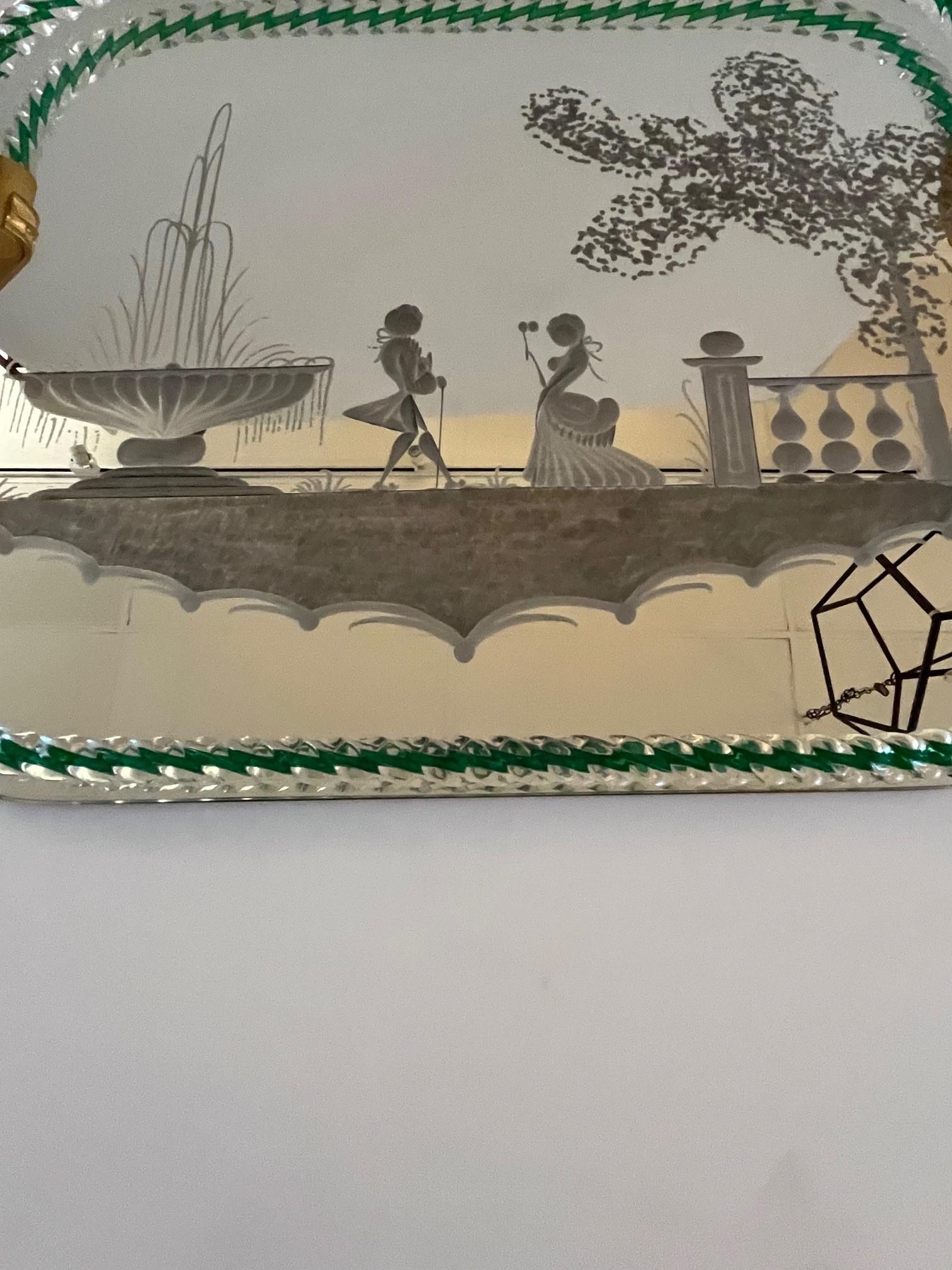 Vintage Italian Large Etched Mirrored Tray Attributed to Venini In Good Condition For Sale In Los Angeles, CA