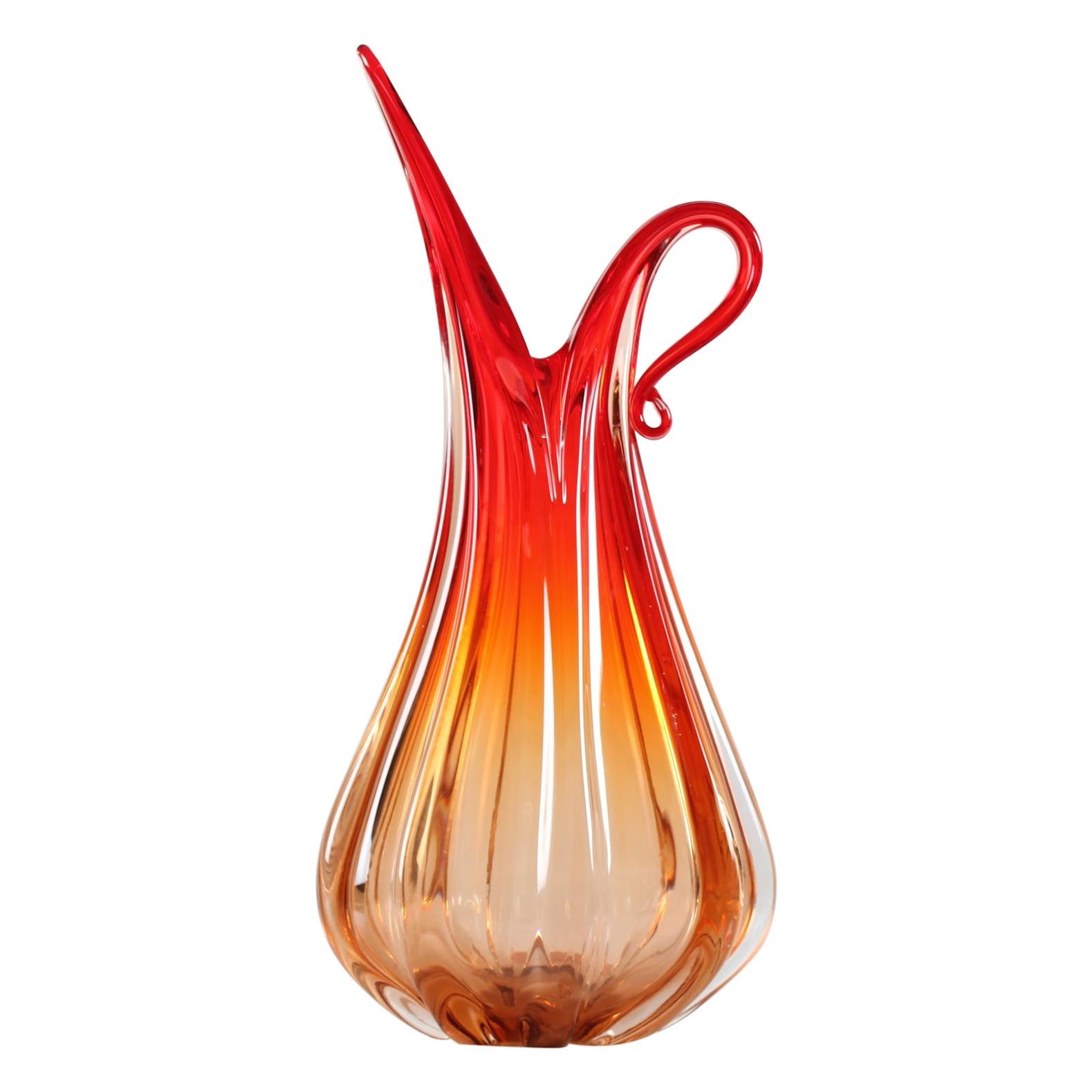 Vintage Italian Large Murano Glass Pitcher Orange and Red Crystal, Italy, 1960s For Sale at 1stDibs