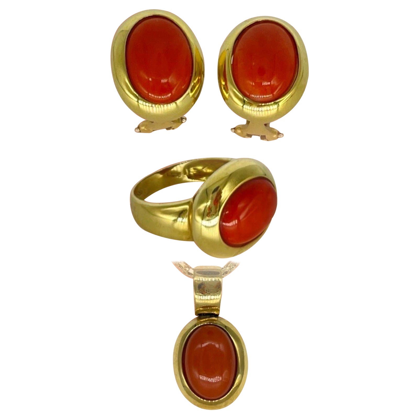 Italienische große rote Korallen-Stein-Ohrringe, Ring und Anhänger-Set aus 18k Gold