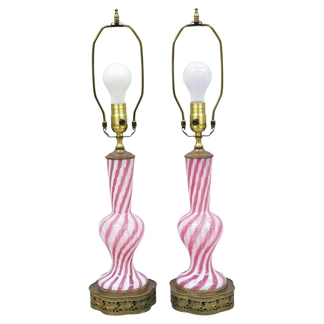 Vintage Italian Murano Pink Ribbon Swirl Glass Small Table Lamp - Pair