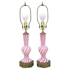 Vintage Italian Latticino Murano Pink Ribbon Swirl Glass Small Table Lamp - Pair