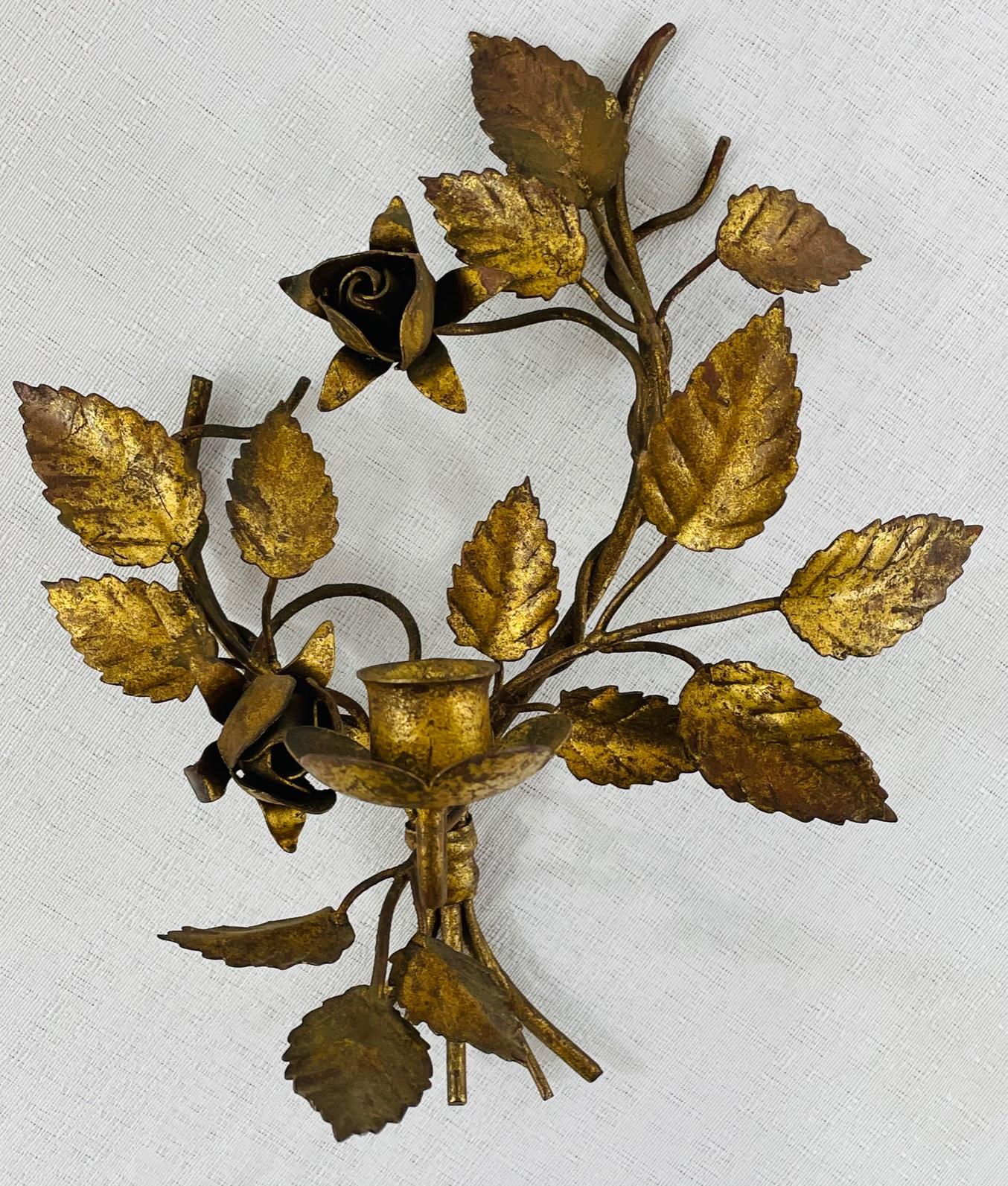 Vintage Italian leaf Design Gilt Gold Tole Metal Candle Wall Sconce, a Pair  For Sale 3