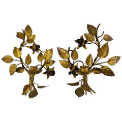 Vintage Italian leaf Design Gilt Gold Tole Metal Candle Wall Sconce, a Pair 