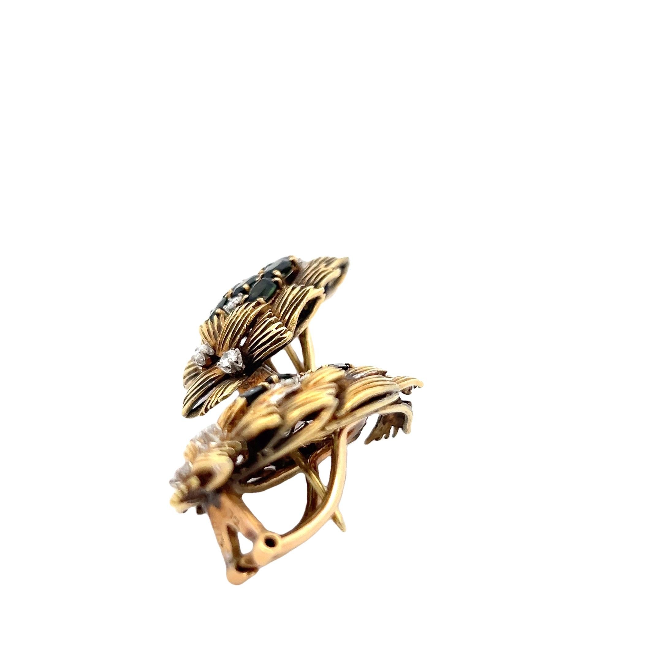 Modern Vintage Italian Leaf Motif Tourmaline & Diamond Earrings in 18K Gold, 1.8ct Tour For Sale