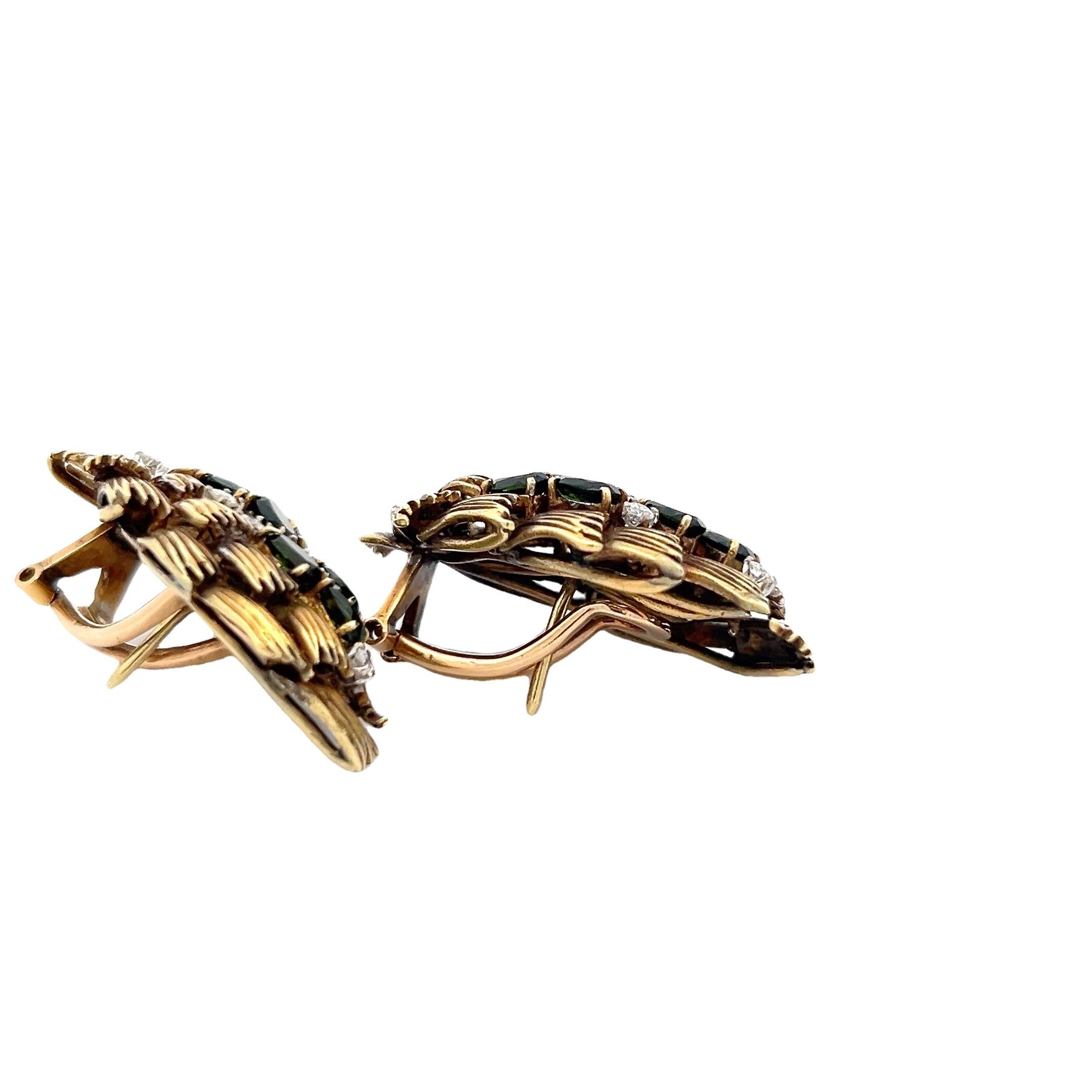 Round Cut Vintage Italian Leaf Motif Tourmaline & Diamond Earrings in 18K Gold, 1.8ct Tour For Sale