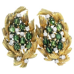 Vintage Italian Leaf Motif Turmalin & Diamant-Ohrringe in 18K Gold, 1,8ct Tour