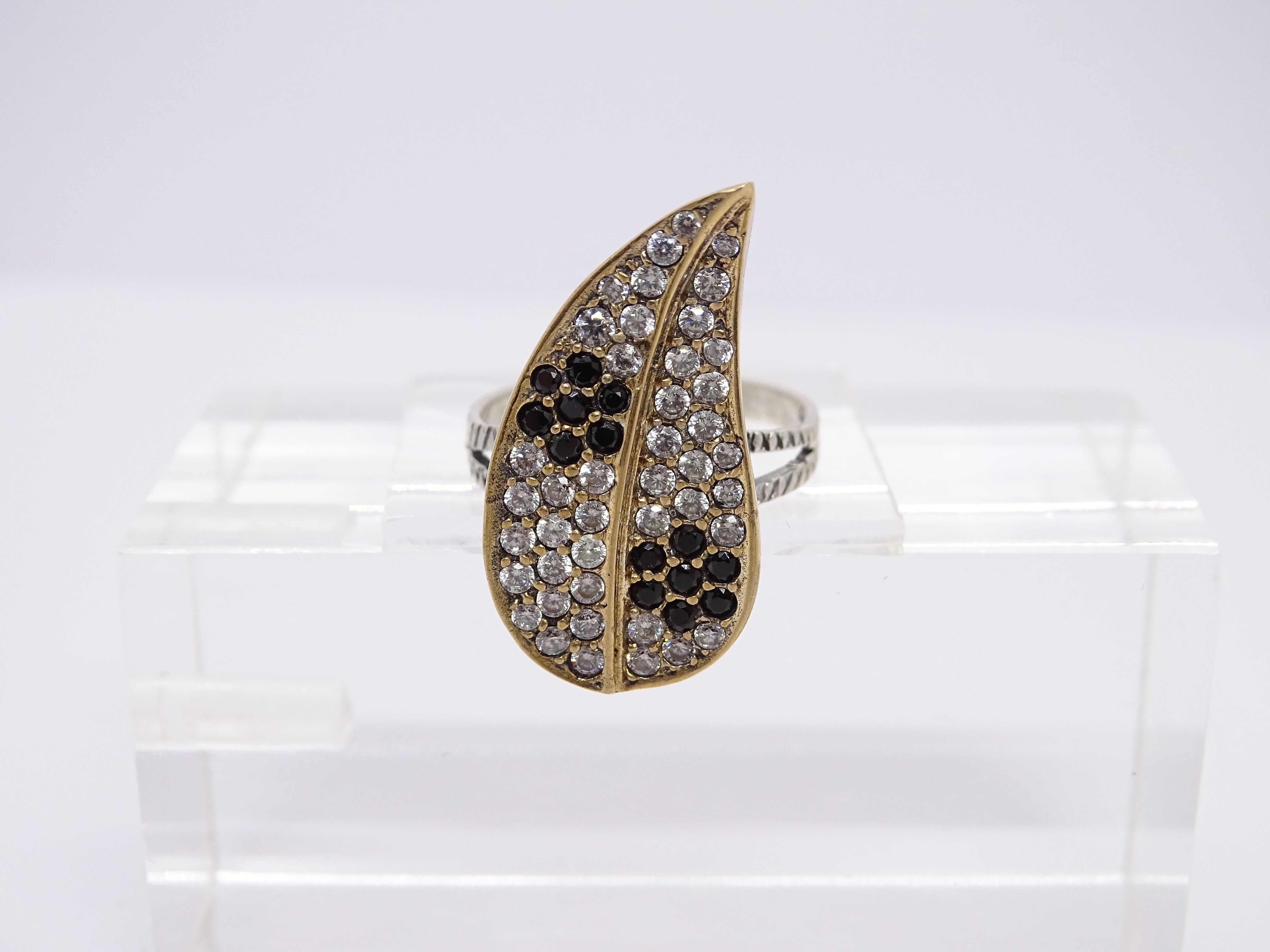 Brilliant Cut Vintage Italian “Leaf” Ring, Sterling Silver and Zirconia For Sale