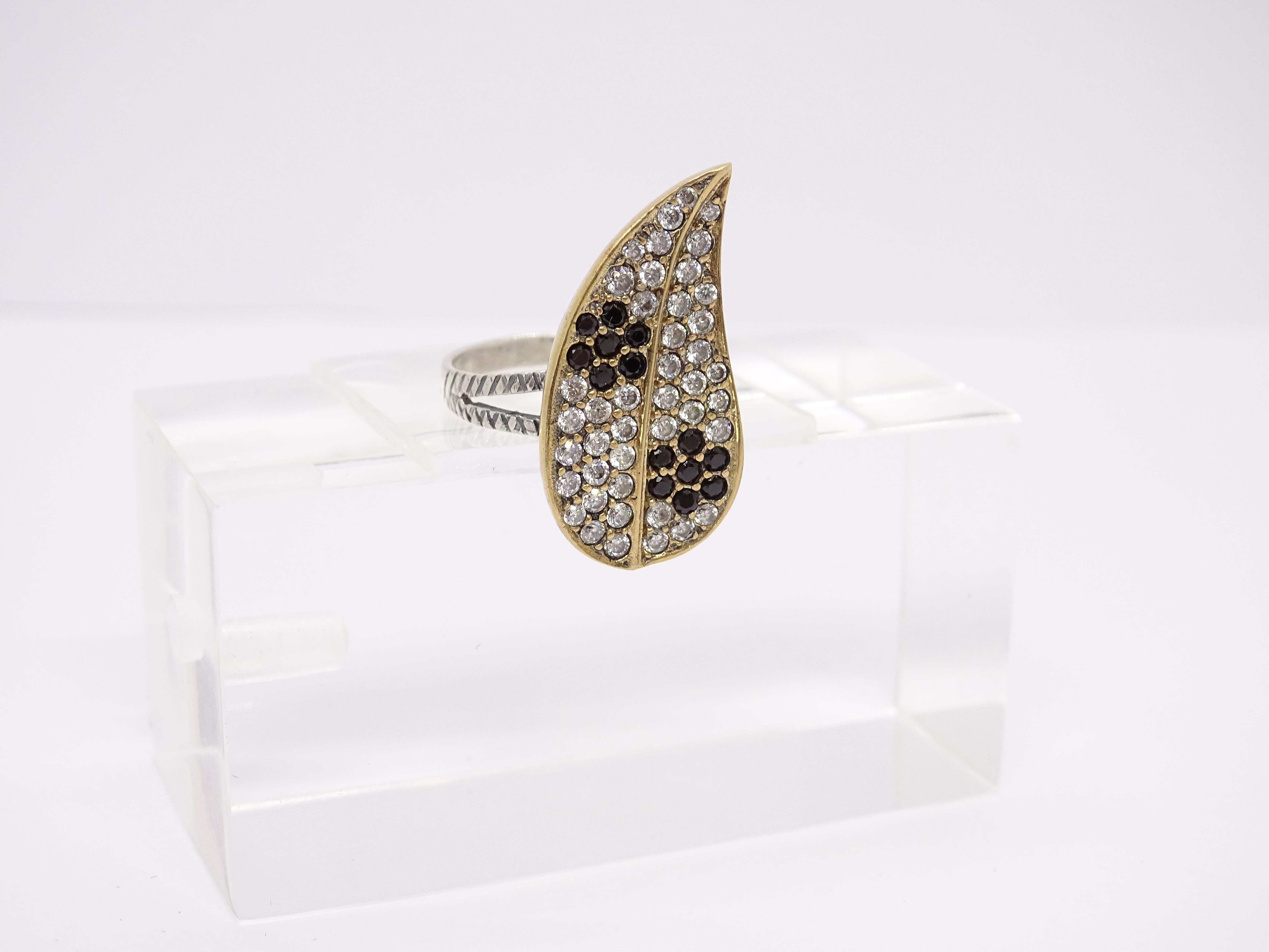Women's or Men's Vintage Italian “Leaf” Ring, Sterling Silver and Zirconia For Sale