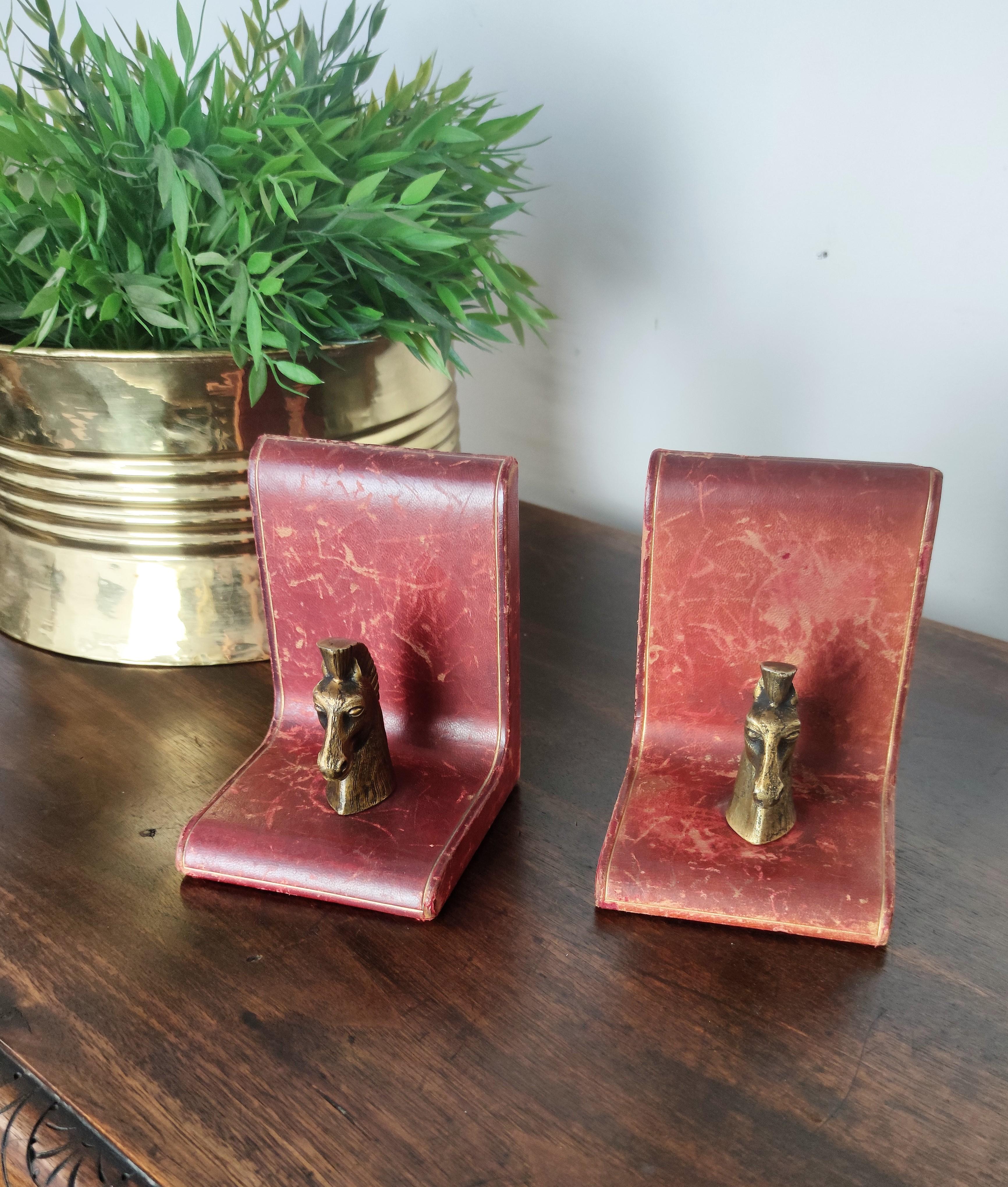 20th Century Vintage Italian Leather and Brass Horse Head Bookends