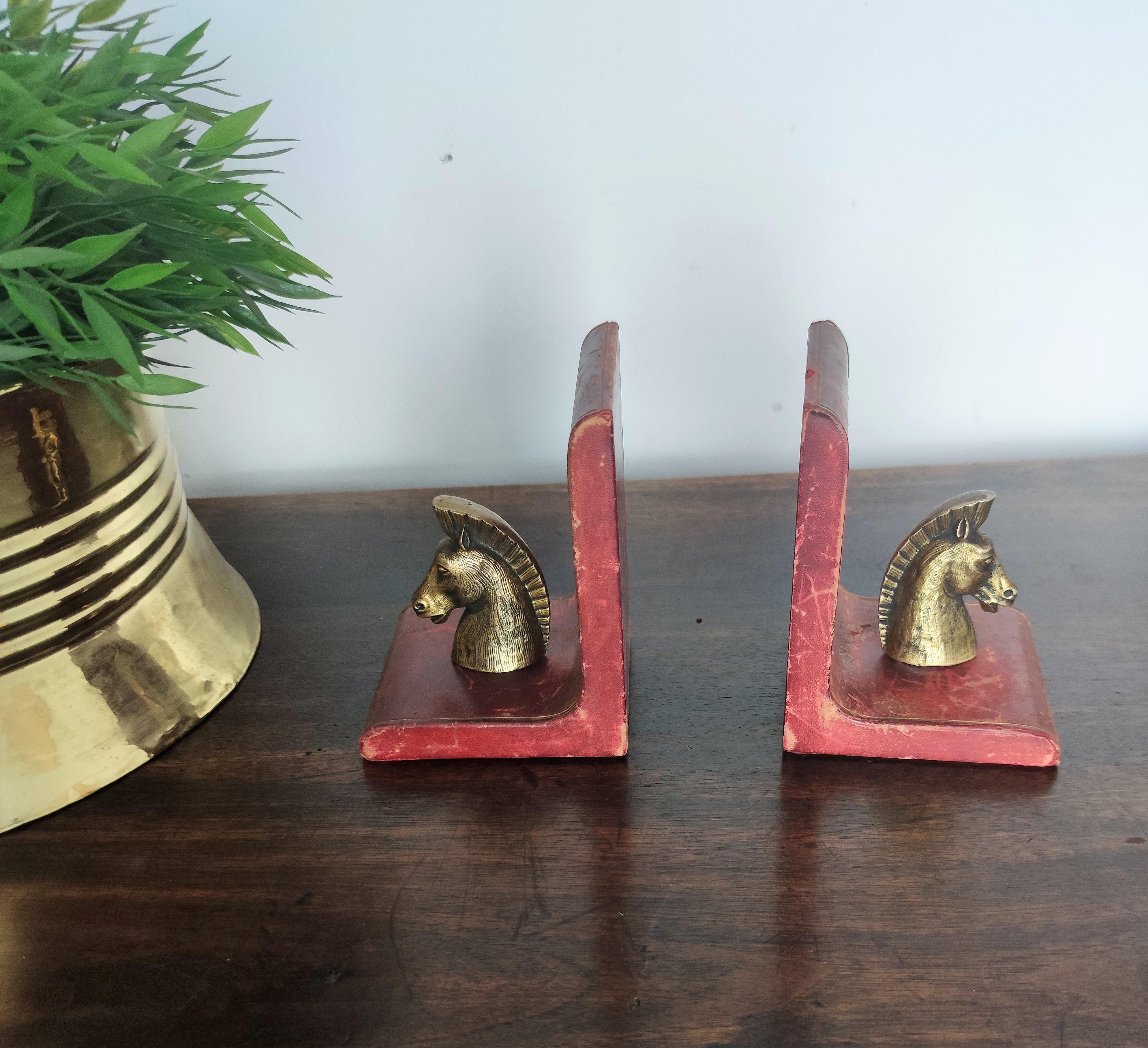 Vintage Italian Leather and Brass Horse Head Bookends 1