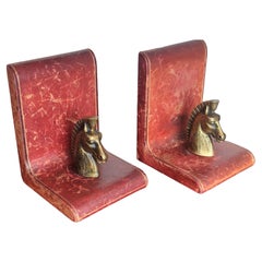 Vintage Italian Leather and Brass Horse Head Bookends