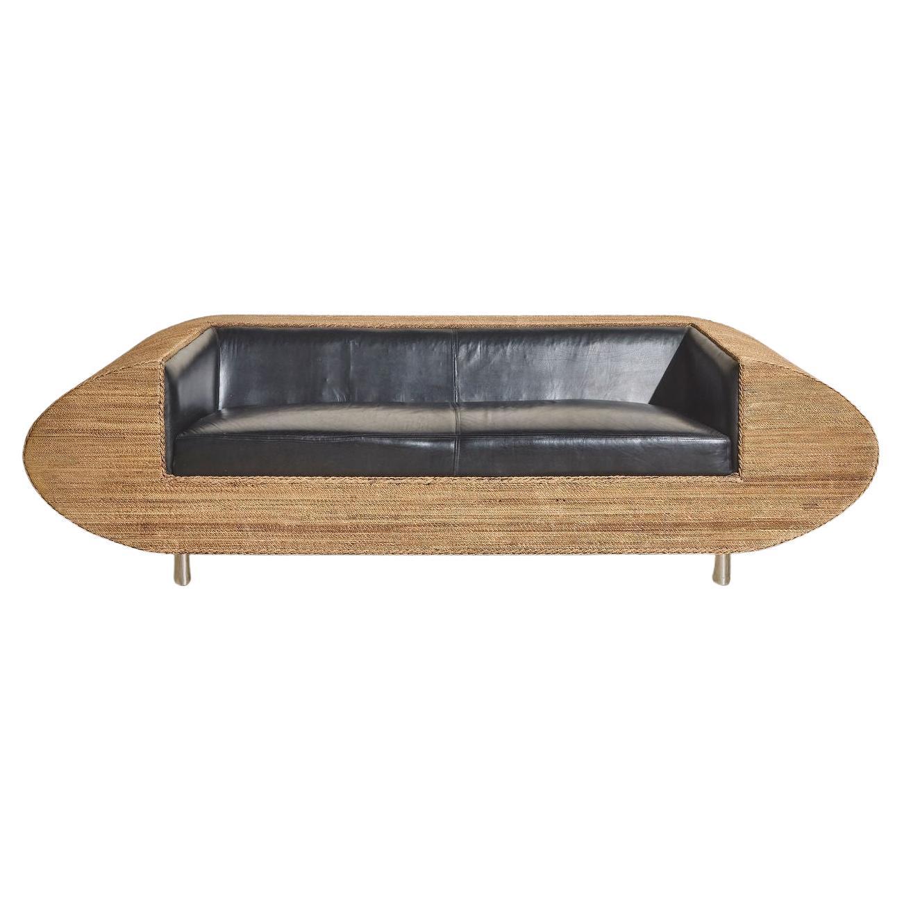 Vintage Italian Leather and Jute Pod Sofa For Sale