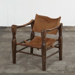 Vintage Italian Leather and Wood Safari Chair, 1970s