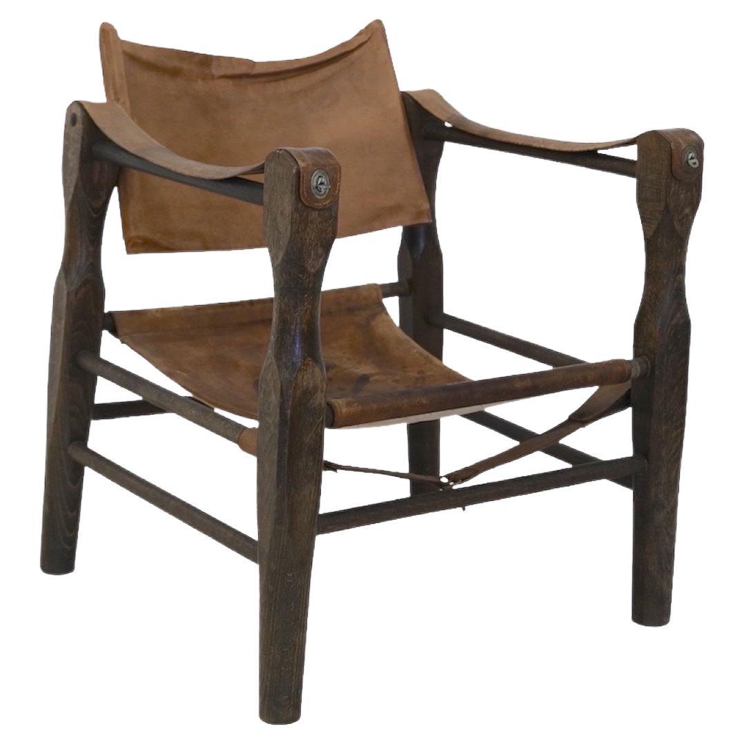 Vintage Italian Leather and Wood Safari Chair, 1970s
