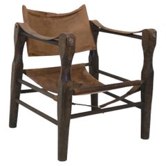 Retro Italian Leather and Wood Safari Chair, 1970s