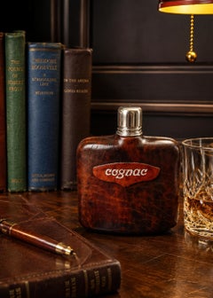 Vintage Italian Leather Cognac Flask, Handmade Hip Flask Bar Accessory