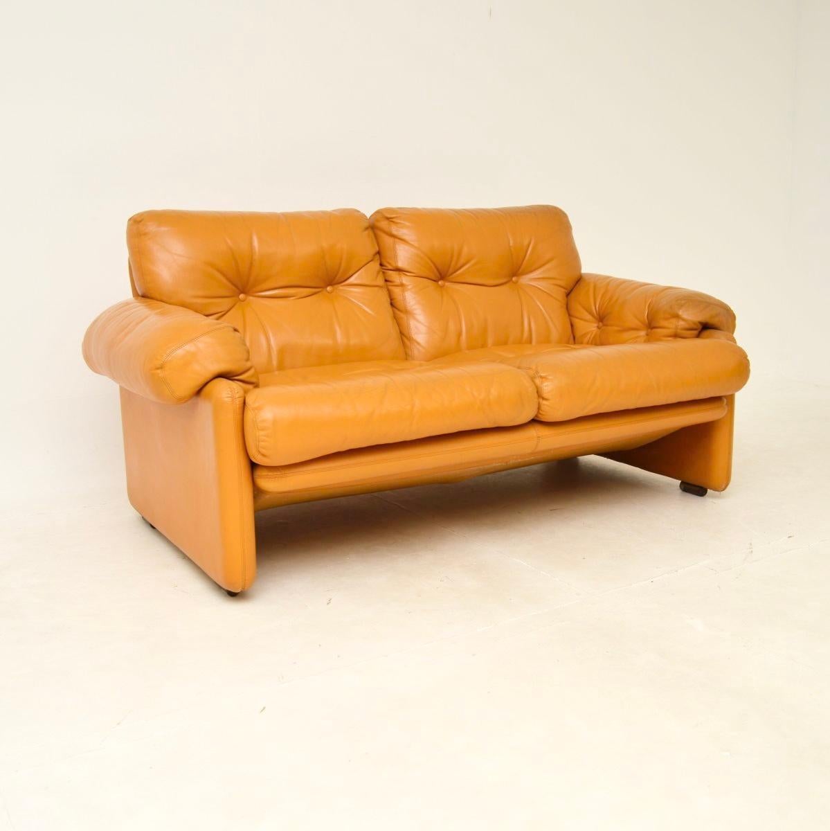 A stylish and extremely comfortable vintage Italian leather Coronado sofa and stool by C&B Italia. This was designed by Tobia Scarpa, it was made in Italy in the 1970’s.

The leather has a gorgeous mustard colour, this is of extremely high quality