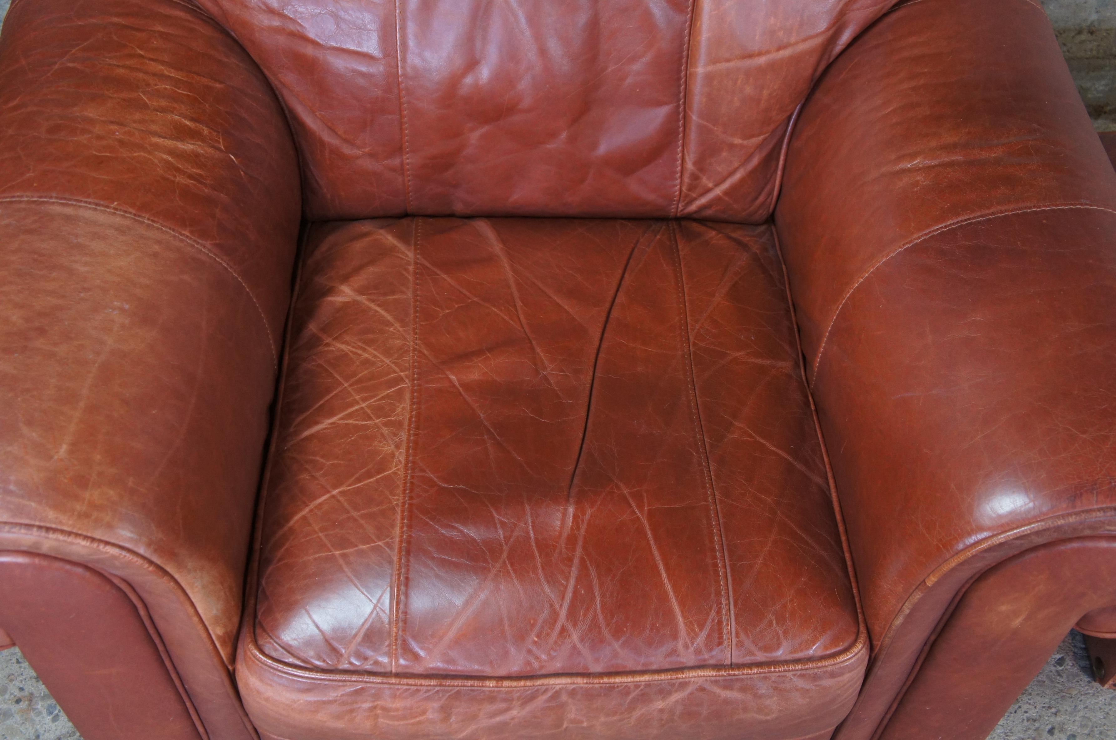 Vintage Italian Leather Heirloom Monaco Chair & Ottoman Nailhead Brown Cognac In Good Condition In Dayton, OH
