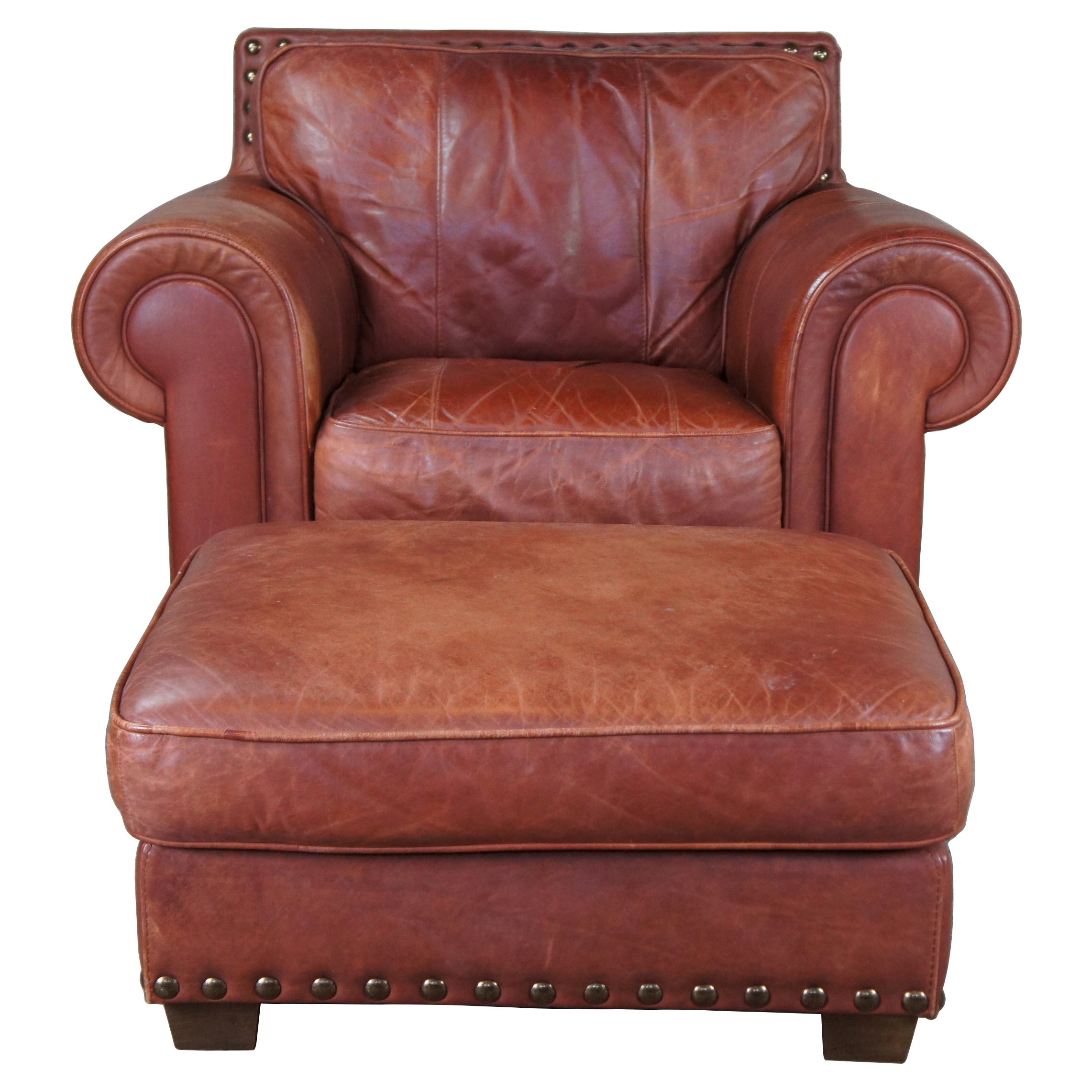 Vintage Italian Leather Heirloom Monaco Chair 
Ottoman Nailhead Brown Cognac