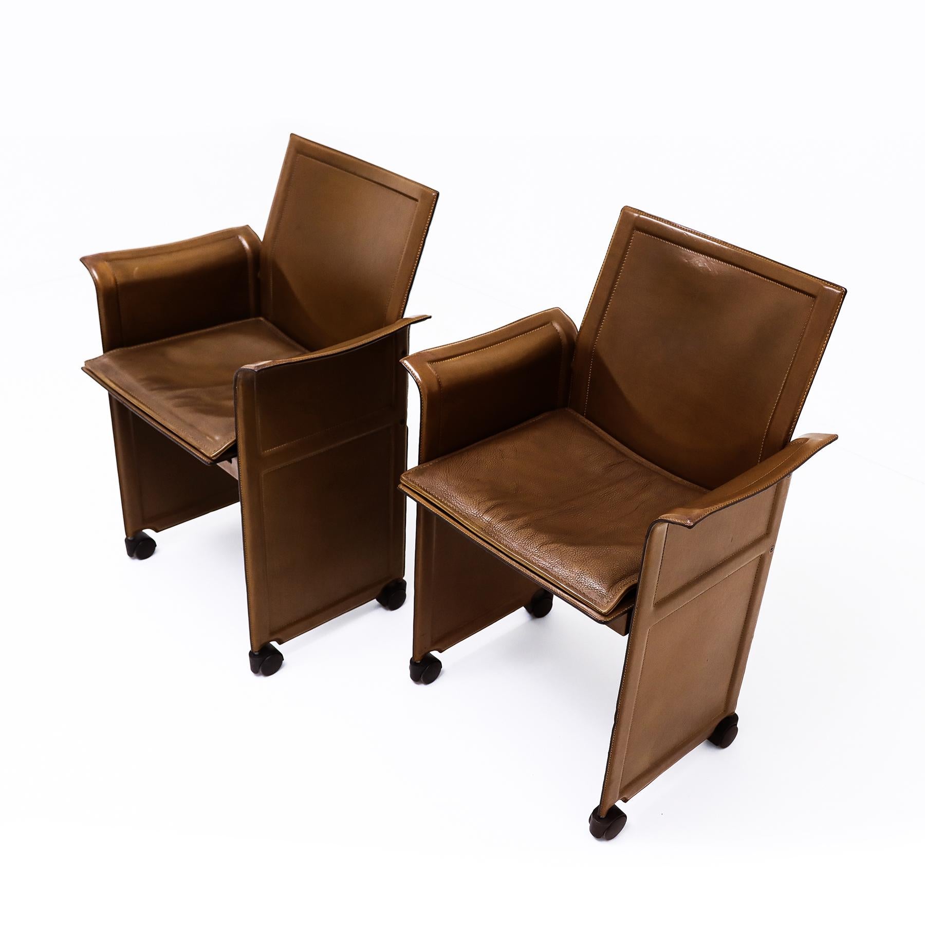Vintage Italian leather Korium armchairs by Tito Agnoli for Matteo Grassi In Good Condition For Sale In Highclere, Newbury