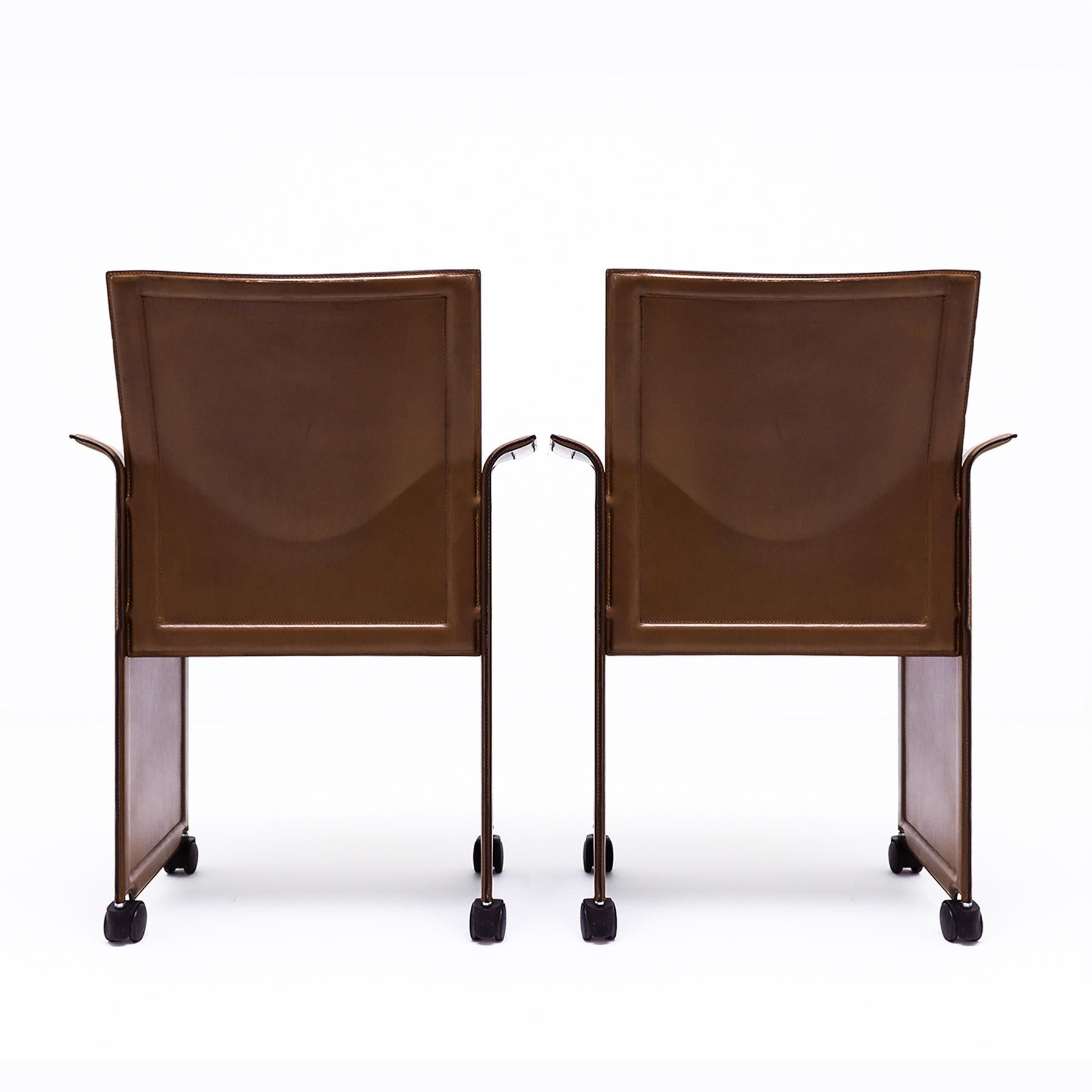 Steel Vintage Italian leather Korium armchairs by Tito Agnoli for Matteo Grassi For Sale