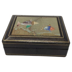Retro Italian Leather Pietra Dura Box with Fish Decoration 