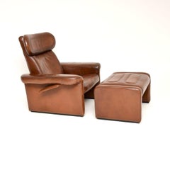 Vintage Italian Leather Reclining Armchair and Stool