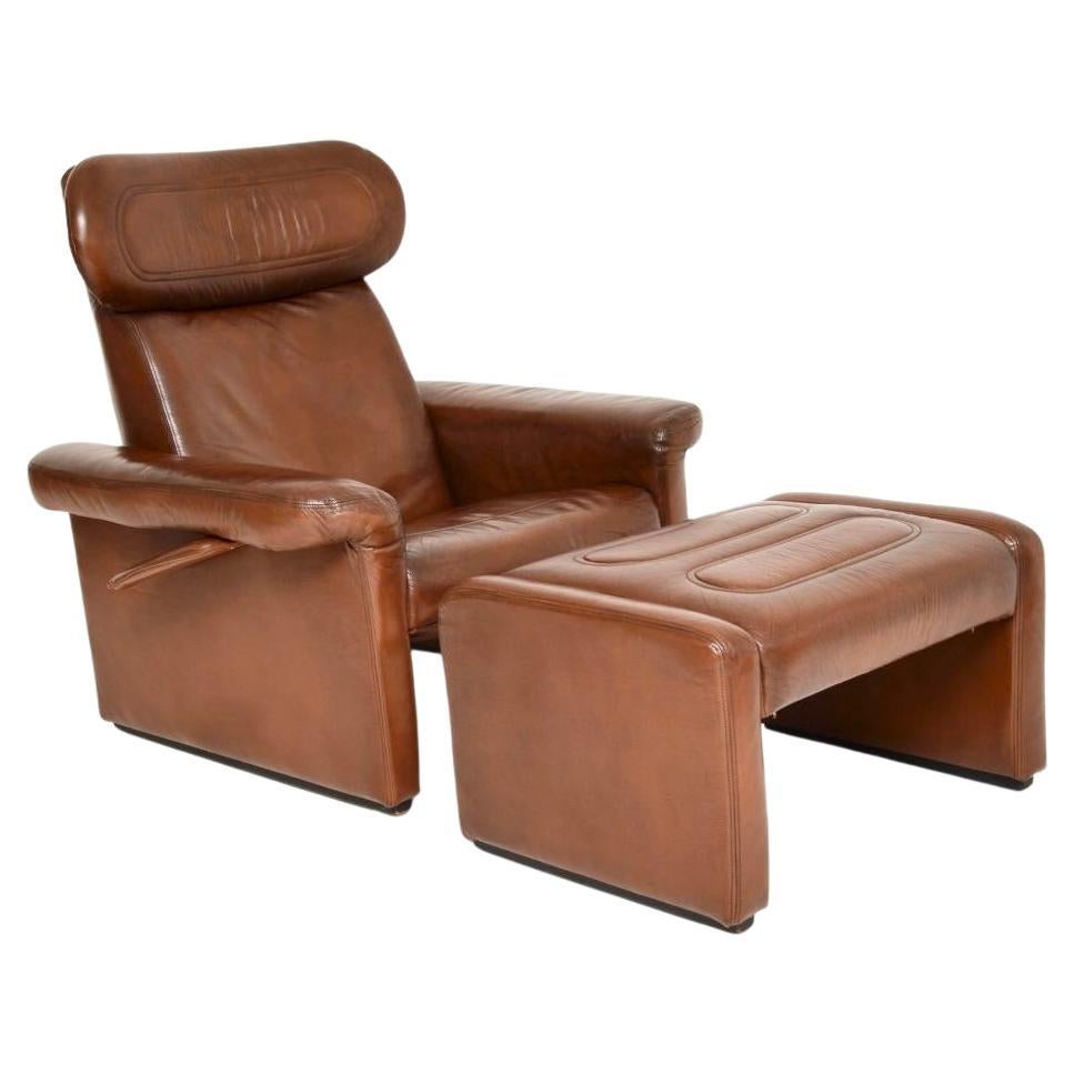 Vintage Italian Leather Reclining Armchair and Stool