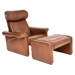 Vintage Italian Leather Reclining Armchair and Stool