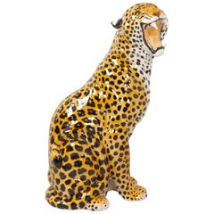 Vieux léopard italien grandeur nature en terre cuite, années 1960