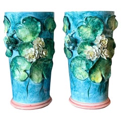 Vintage Italian Lilypad Majolica Vase - A Pair