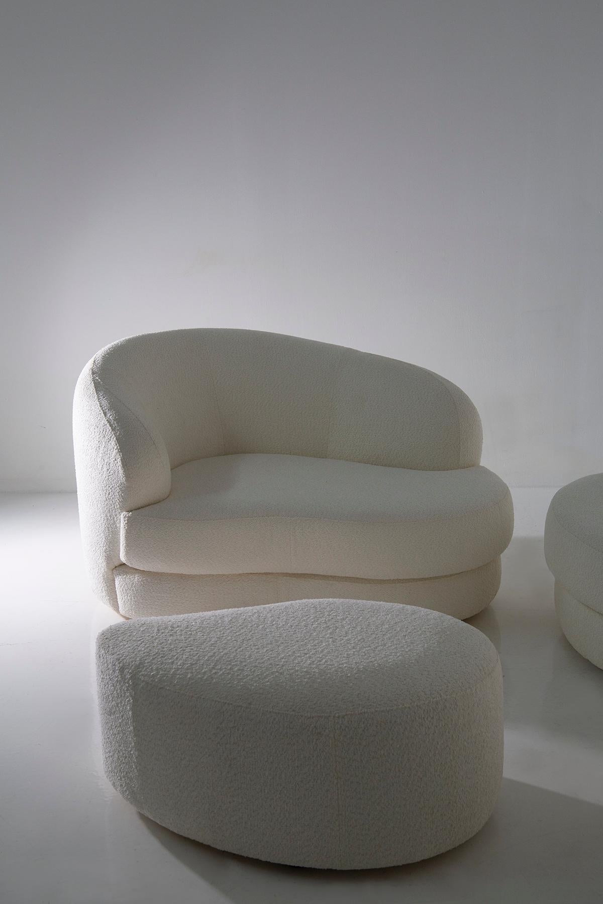 Vintage Italian lounge comprising white bouclé sofa, armchair and ottoman 4