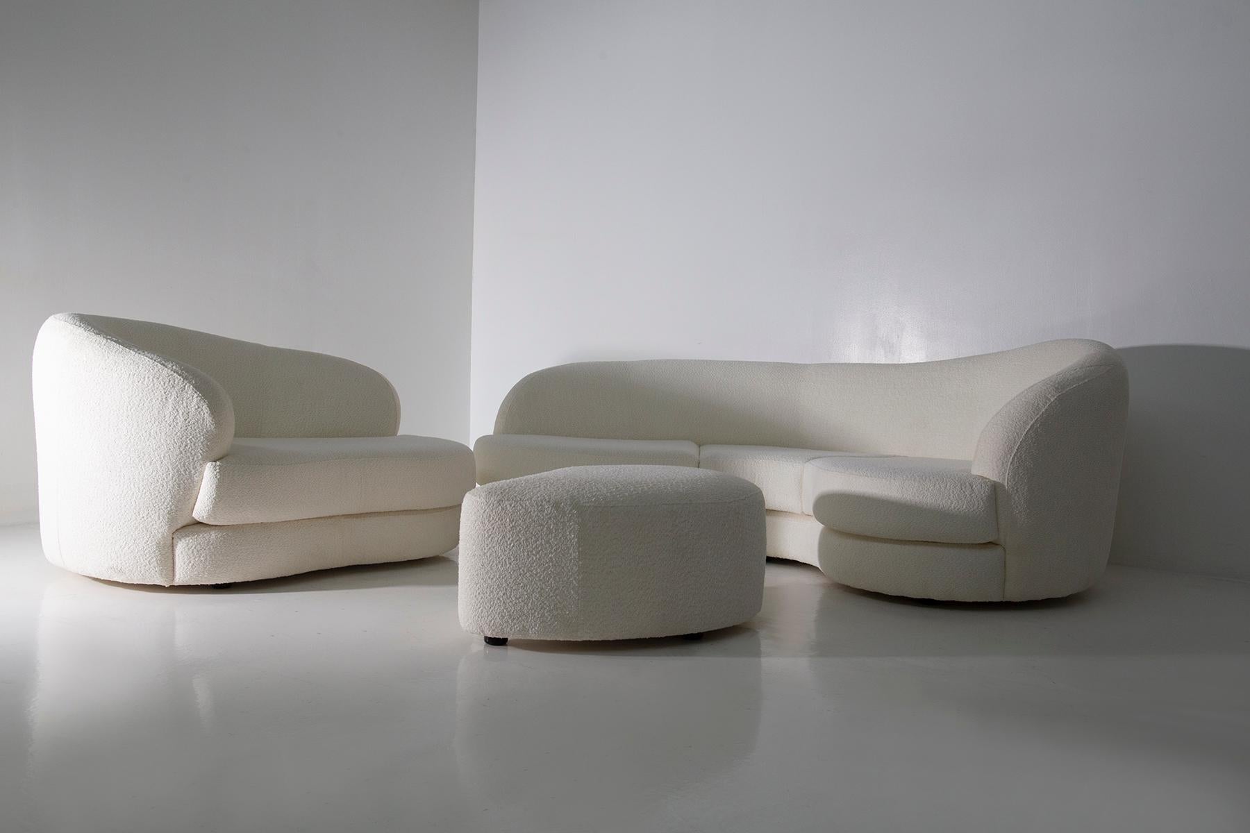 Vintage Italian lounge comprising white bouclé sofa, armchair and ottoman  5