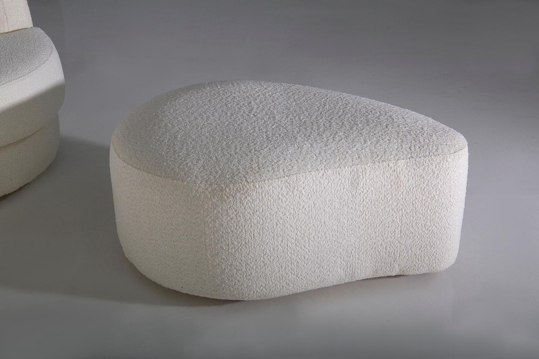 Vintage Italian lounge comprising white bouclé sofa, armchair and ottoman 6