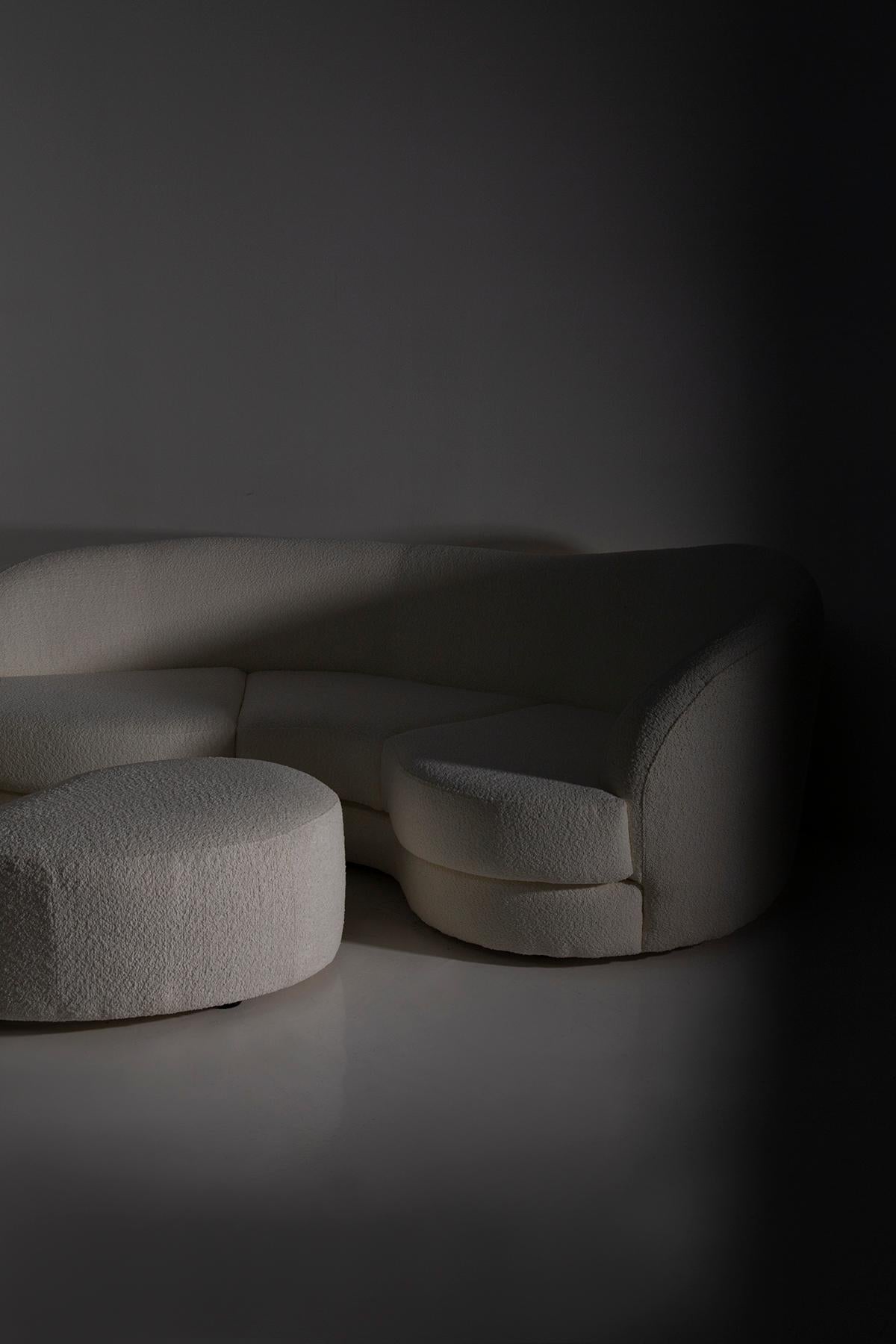 Vintage Italian lounge comprising white bouclé sofa, armchair and ottoman 7