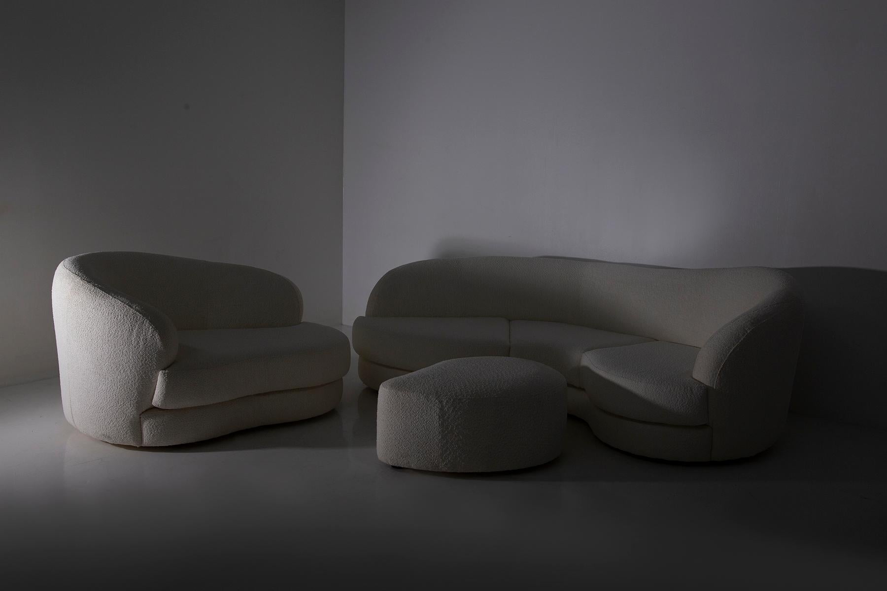 Vintage Italian lounge comprising white bouclé sofa, armchair and ottoman  8