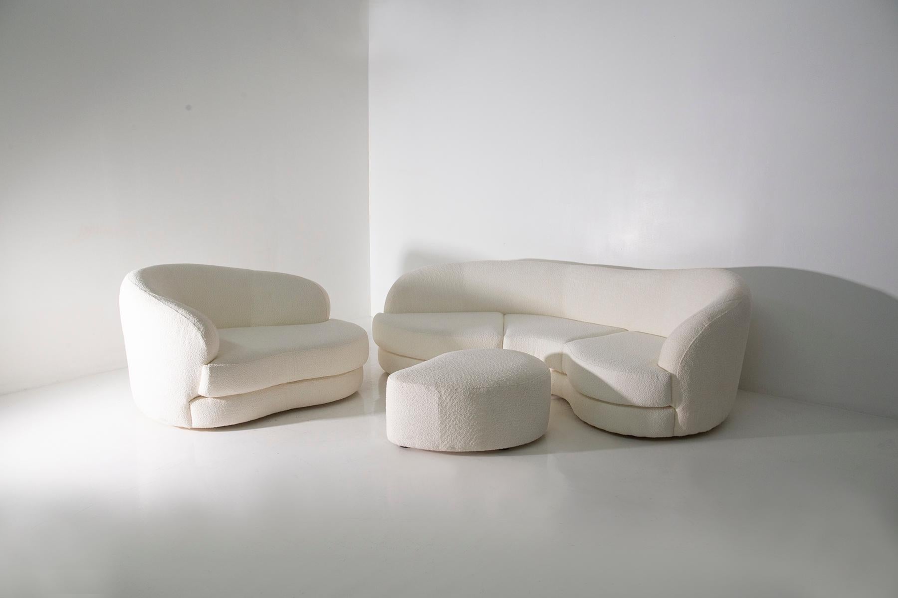 Mid-Century Modern Vintage Italian lounge comprising white bouclé sofa, armchair and ottoman 