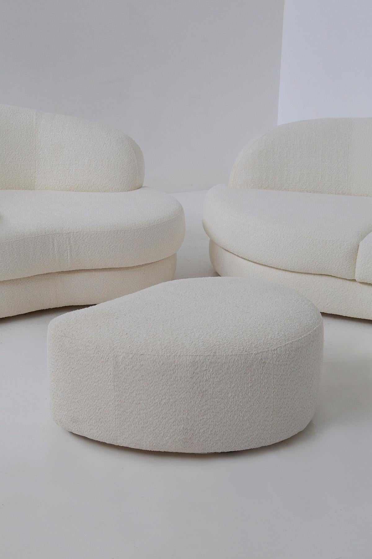 Mid-20th Century Vintage Italian lounge comprising white bouclé sofa, armchair and ottoman