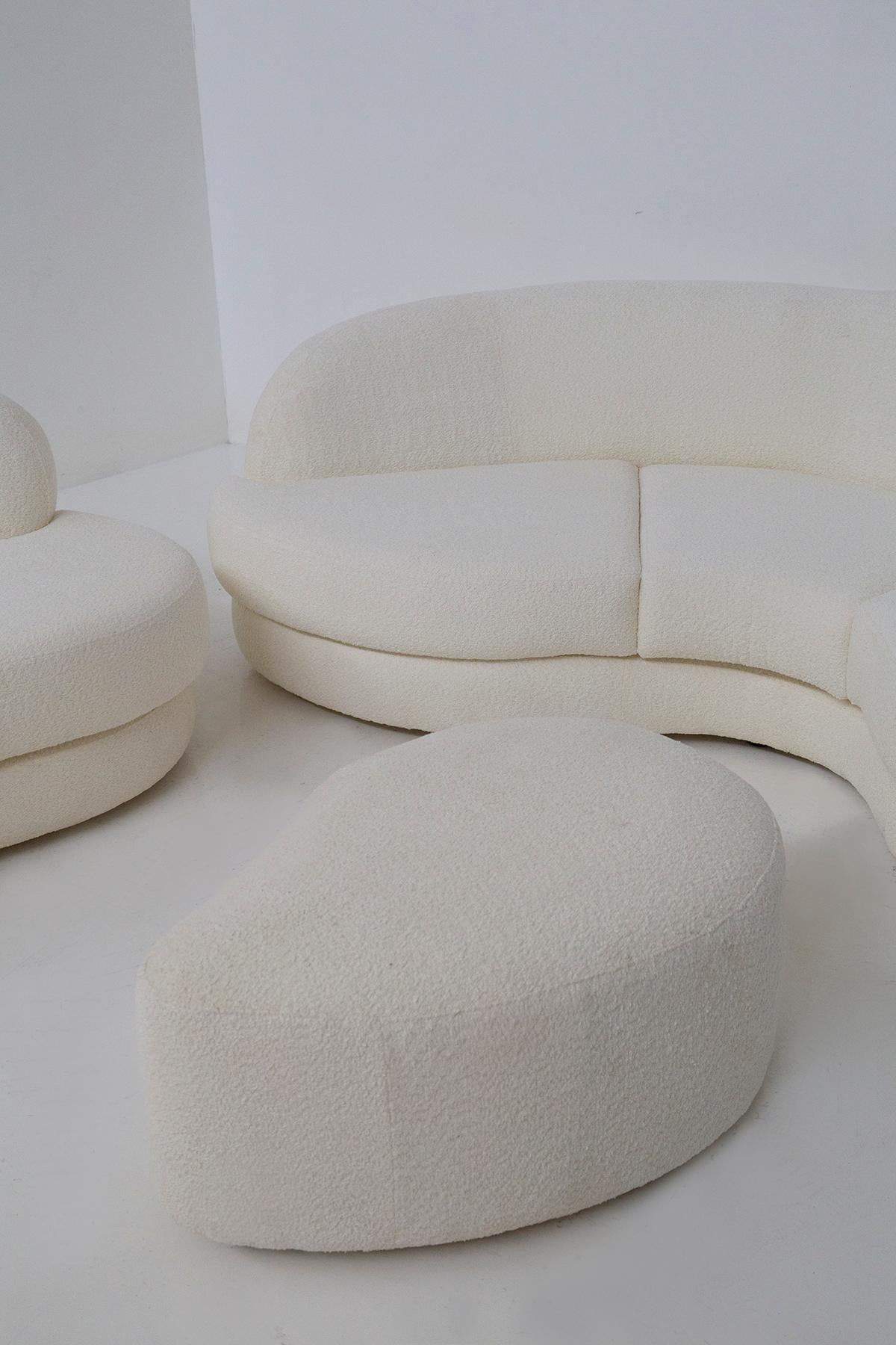 Vintage Italian lounge comprising white bouclé sofa, armchair and ottoman  2