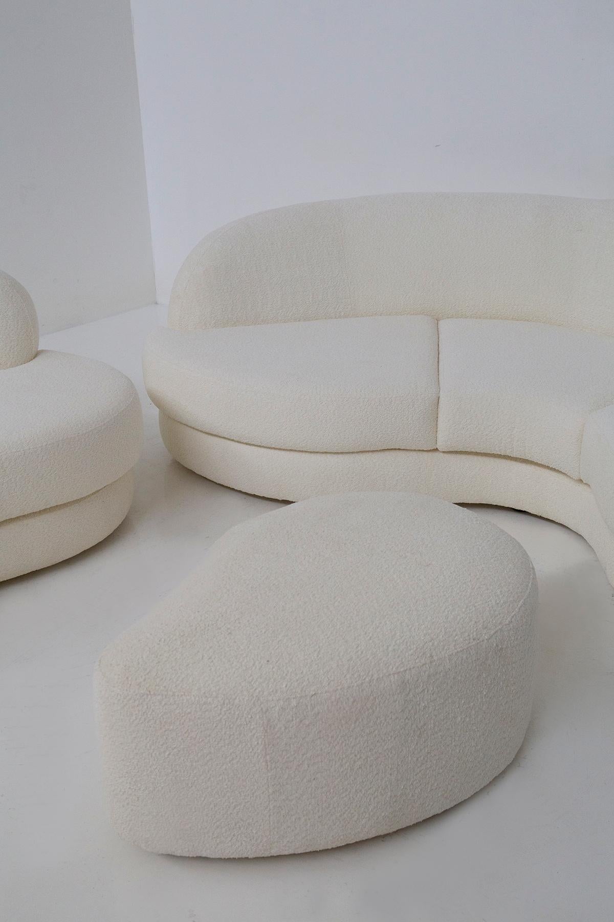 Vintage Italian lounge comprising white bouclé sofa, armchair and ottoman 2