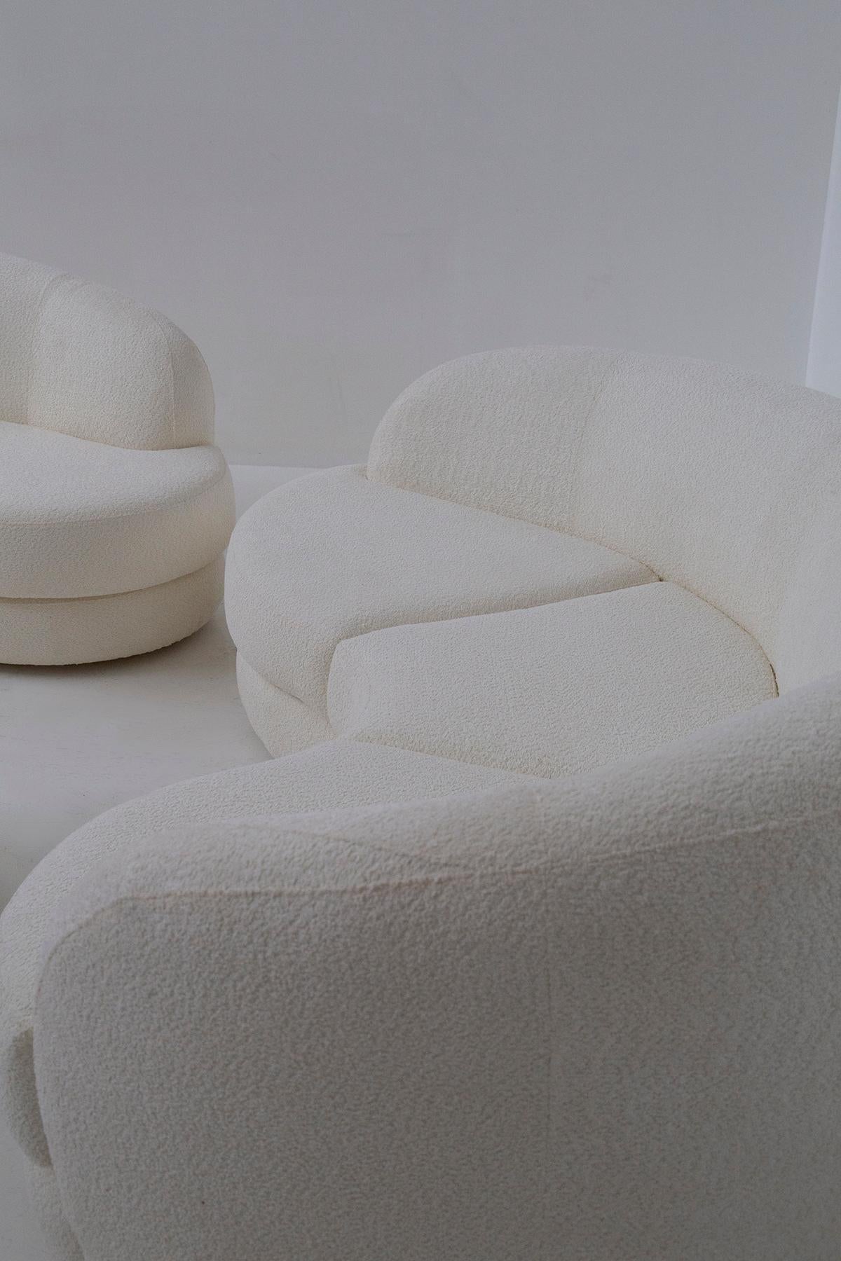 Vintage Italian lounge comprising white bouclé sofa, armchair and ottoman  3