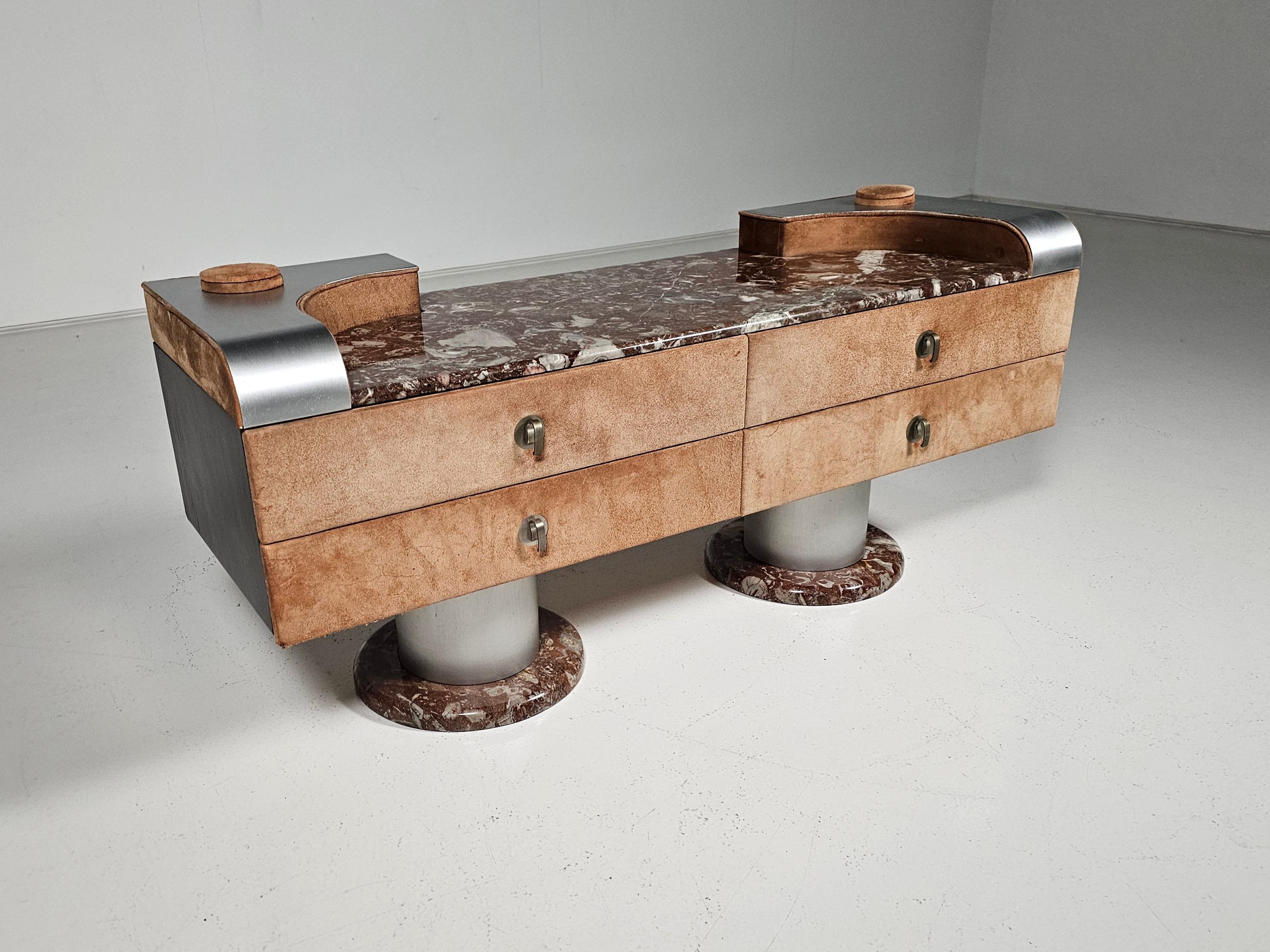 Vintage Italian lowboard made from red marble, suède & steel, 1970s en venta 6