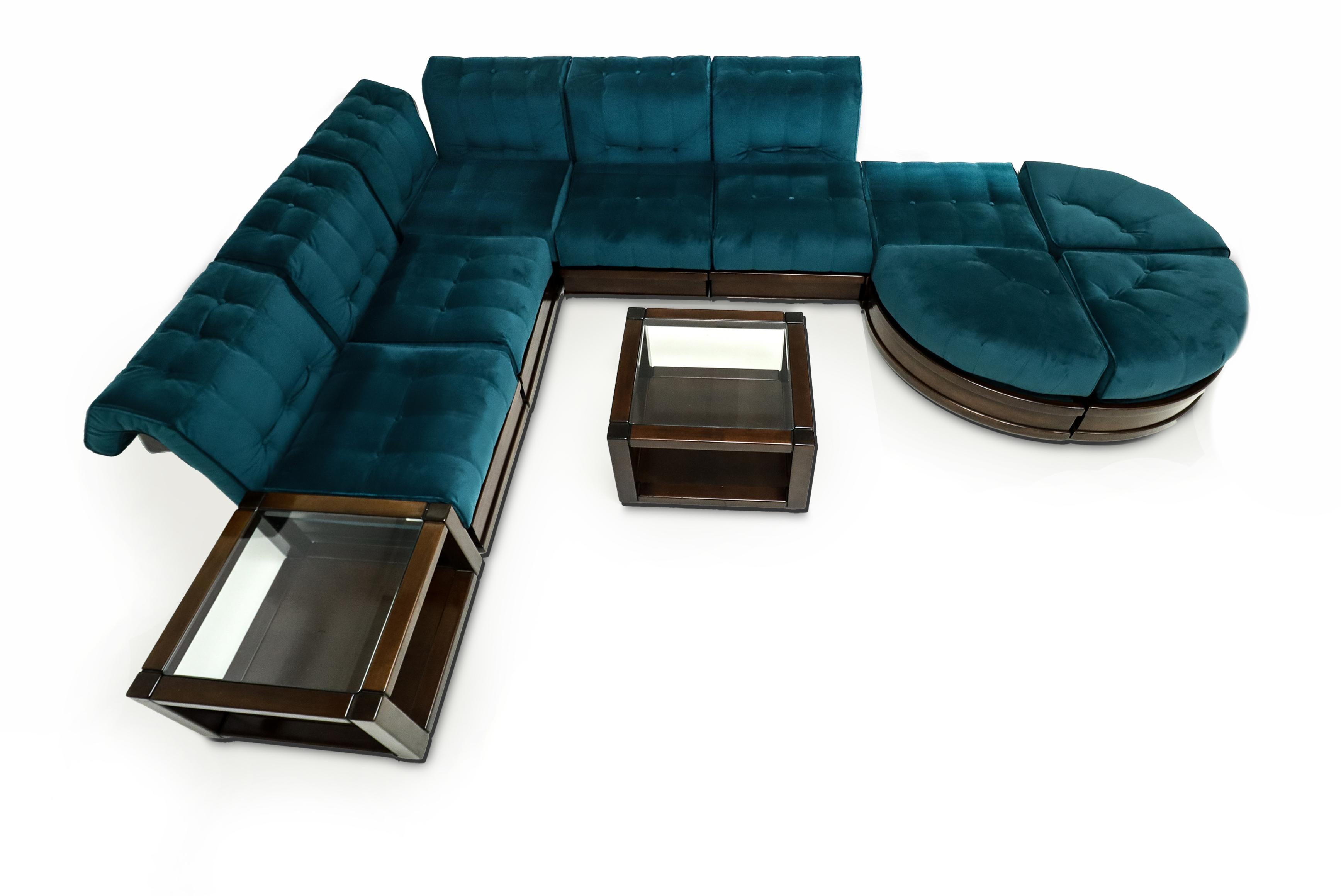 Mid-Century Modern Vintage Italian Luciano Frigerio  9 piece Velvet modular Sofa with two tables